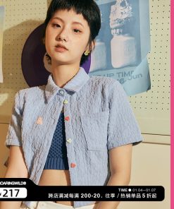 Textured Short Sleeve Shirt with Heart Button Detail - Roaring Beast Design, Trendy Y2K Style