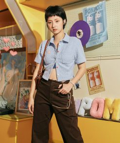 Textured Short Sleeve Shirt with Heart Button Detail - Roaring Beast Design, Trendy Y2K Style