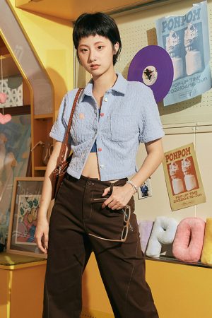 Textured Short Sleeve Shirt with Heart Button Detail - Roaring Beast Design, Trendy Y2K Style