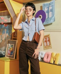 Textured Short Sleeve Shirt with Heart Button Detail - Roaring Beast Design, Trendy Y2K Style