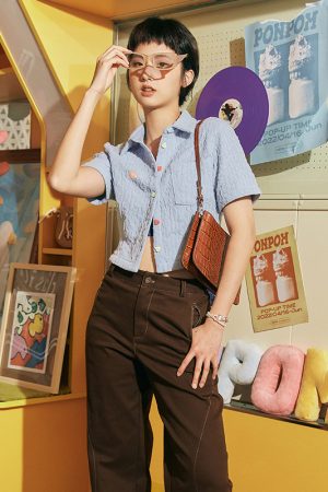 Textured Short Sleeve Shirt with Heart Button Detail - Roaring Beast Design, Trendy Y2K Style