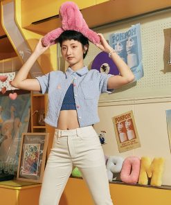 Textured Short Sleeve Shirt with Heart Button Detail - Roaring Beast Design, Trendy Y2K Style