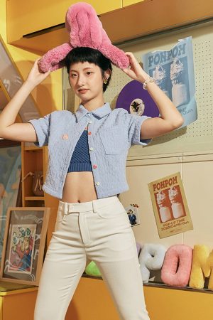 Textured Short Sleeve Shirt with Heart Button Detail - Roaring Beast Design, Trendy Y2K Style