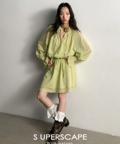 Textured Silk and Linen High-Collar Tie Waist Ruffled Hem Pleated Long-Sleeve Dress - Elegant Fashion for 90s and Y2K Styles