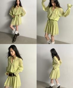 Textured Silk and Linen High-Collar Tie Waist Ruffled Hem Pleated Long-Sleeve Dress - Elegant Fashion for 90s and Y2K Styles