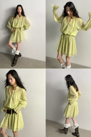 Textured Silk and Linen High-Collar Tie Waist Ruffled Hem Pleated Long-Sleeve Dress - Elegant Fashion for 90s and Y2K Styles