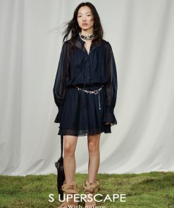 Textured Silk and Linen High-Collar Tie Waist Ruffled Hem Pleated Long-Sleeve Dress - Elegant Fashion for 90s and Y2K Styles