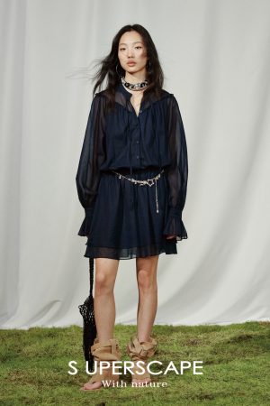 Textured Silk and Linen High-Collar Tie Waist Ruffled Hem Pleated Long-Sleeve Dress - Elegant Fashion for 90s and Y2K Styles