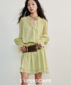 Textured Silk and Linen High-Collar Tie Waist Ruffled Hem Pleated Long-Sleeve Dress - Elegant Fashion for 90s and Y2K Styles