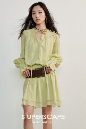 Textured Silk and Linen High-Collar Tie Waist Ruffled Hem Pleated Long-Sleeve Dress - Elegant Fashion for 90s and Y2K Styles