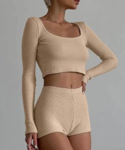 That Girl Outfits School, Jeans Top Aesthetic - Knitted Crop Top & Shorts Two Piece Set