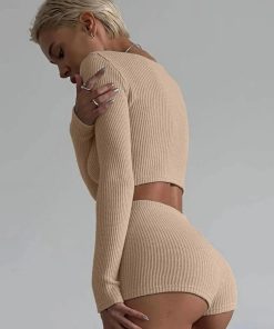 That Girl Outfits School, Jeans Top Aesthetic - Knitted Crop Top & Shorts Two Piece Set