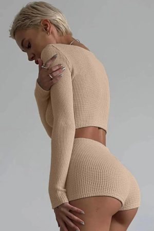 That Girl Outfits School, Jeans Top Aesthetic - Knitted Crop Top & Shorts Two Piece Set