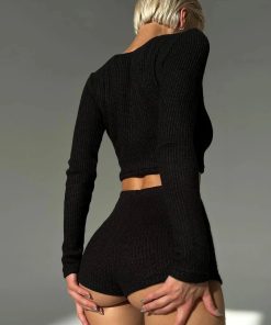 That Girl Outfits School, Jeans Top Aesthetic - Knitted Crop Top & Shorts Two Piece Set