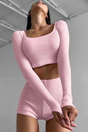That Girl Outfits School, Jeans Top Aesthetic - Knitted Crop Top & Shorts Two Piece Set