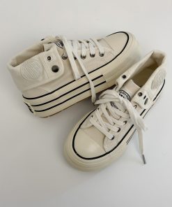Thick-Soled High-Top Canvas Shoes for Women - 2025 Autumn Casual Sneakers, White Height-Increasing Niche Design