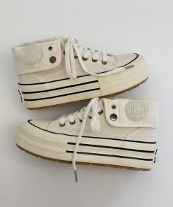 Thick-Soled High-Top Canvas Shoes for Women - 2025 Autumn Casual Sneakers, White Height-Increasing Niche Design