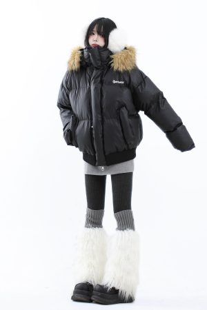 Thick Warm Removable Fur Collar Cotton Jacket for Men and Women - Winter Short Leather Parka Outerwear with Mountain Carving Design