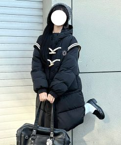 Thickened College Style Pudding Bear JK Long Loose Down Jacket with Horn Buttons - Winter Essential