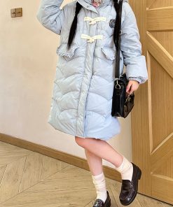 Thickened College Style Pudding Bear JK Long Loose Down Jacket with Horn Buttons - Winter Essential