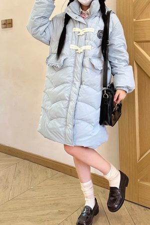 Thickened College Style Pudding Bear JK Long Loose Down Jacket with Horn Buttons - Winter Essential