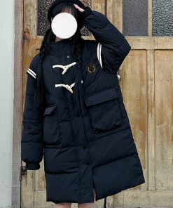 Thickened College Style Pudding Bear JK Long Loose Down Jacket with Horn Buttons - Winter Essential