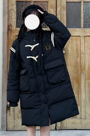 Thickened College Style Pudding Bear JK Long Loose Down Jacket with Horn Buttons - Winter Essential