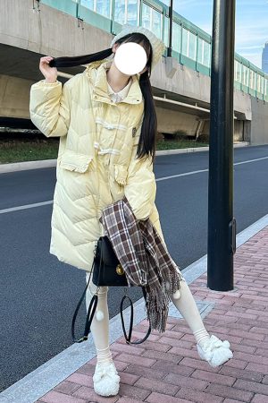 Thickened College Style Pudding Bear JK Long Loose Down Jacket with Horn Buttons - Winter Essential