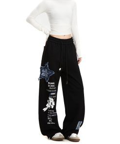 Thickened Hip-Hop Street Dance Sweatpants for Women - Versatile American Denim Patch Embroidered Casual Straight-Leg Sports Pants
