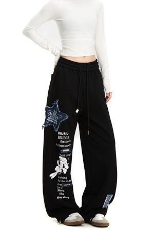 Thickened Hip-Hop Street Dance Sweatpants for Women - Versatile American Denim Patch Embroidered Casual Straight-Leg Sports Pants