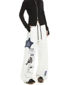 Thickened Hip-Hop Street Dance Sweatpants for Women - Versatile American Denim Patch Embroidered Casual Straight-Leg Sports Pants