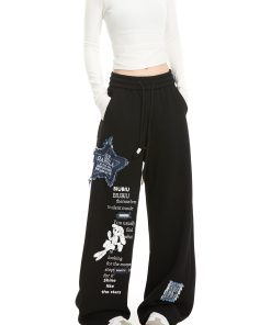 Thickened Hip-Hop Street Dance Sweatpants for Women - Versatile American Denim Patch Embroidered Casual Straight-Leg Sports Pants