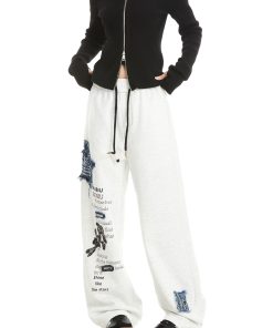 Thickened Hip-Hop Street Dance Sweatpants for Women - Versatile American Denim Patch Embroidered Casual Straight-Leg Sports Pants