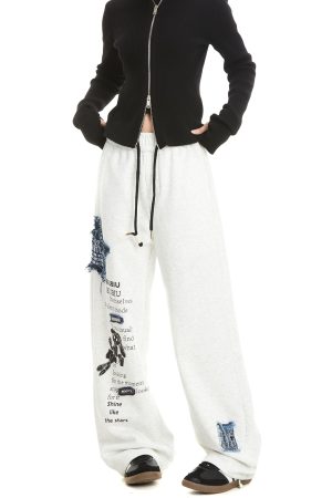 Thickened Hip-Hop Street Dance Sweatpants for Women - Versatile American Denim Patch Embroidered Casual Straight-Leg Sports Pants