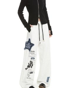 Thickened Hip-Hop Street Dance Sweatpants for Women - Versatile American Denim Patch Embroidered Casual Straight-Leg Sports Pants