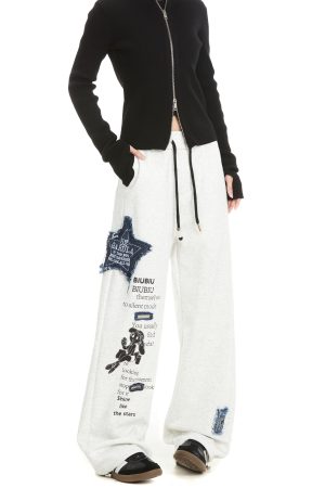 Thickened Hip-Hop Street Dance Sweatpants for Women - Versatile American Denim Patch Embroidered Casual Straight-Leg Sports Pants