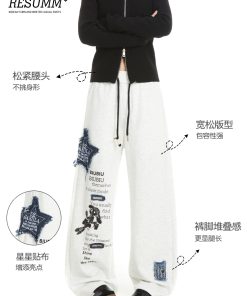 Thickened Hip-Hop Street Dance Sweatpants for Women - Versatile American Denim Patch Embroidered Casual Straight-Leg Sports Pants