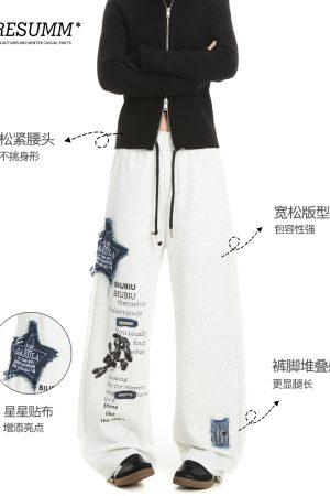Thickened Hip-Hop Street Dance Sweatpants for Women - Versatile American Denim Patch Embroidered Casual Straight-Leg Sports Pants