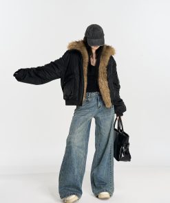 Thickened Warm Drawstring Cotton Jacket with Removable Fur Collar, Loose Fit Versatile Winter Coat for Cozy Layering