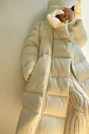 Thickened White Duck Down Long Puff Jacket for Women - Advanced Design Warm Cherry Color Winter Coat