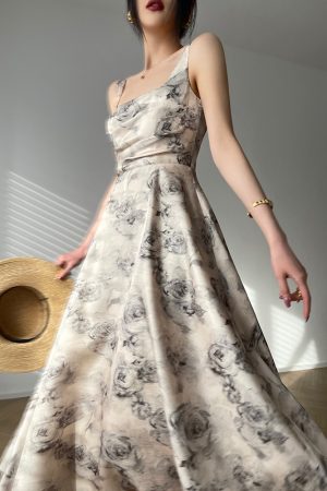 Thorny Garden High-End Design French Printed Elegant Sleeveless Long Dress - Bohemian Style, Ideal for Special Occasions