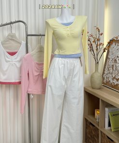 Three-Color Slim Fit Slimming Fake Two-Piece Lace Trim Plaid Pleated Embroidered Shirt Top for Women - Y2K Fashion Style