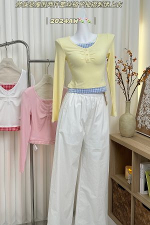 Three-Color Slim Fit Slimming Fake Two-Piece Lace Trim Plaid Pleated Embroidered Shirt Top for Women - Y2K Fashion Style