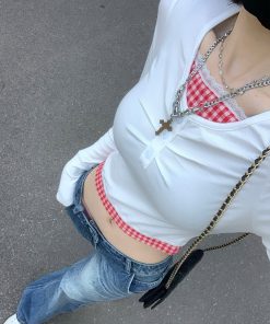 Three-Color Slim Fit Slimming Fake Two-Piece Lace Trim Plaid Pleated Embroidered Shirt Top for Women - Y2K Fashion Style