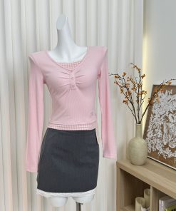 Three-Color Slim Fit Slimming Fake Two-Piece Lace Trim Plaid Pleated Embroidered Shirt Top for Women - Y2K Fashion Style