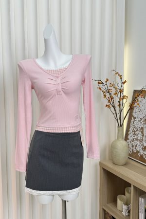 Three-Color Slim Fit Slimming Fake Two-Piece Lace Trim Plaid Pleated Embroidered Shirt Top for Women - Y2K Fashion Style
