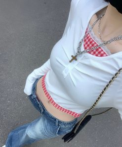 Three-Color Slim Fit Slimming Fake Two-Piece Lace Trim Plaid Pleated Embroidered Shirt Top for Women - Y2K Fashion Style