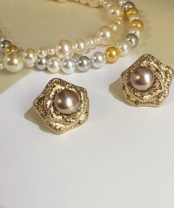 Three-Dimensional Coffee-Colored Metal Pearl Earrings for Women, Korean Style 925 Silver Studs, High-Quality Fashion Jewelry