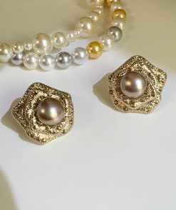Three-Dimensional Coffee-Colored Metal Pearl Earrings for Women, Korean Style 925 Silver Studs, High-Quality Fashion Jewelry