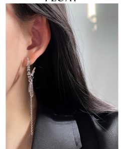 Three-Dimensional Silver Textured Clip-On Earrings with Long Tassels - High-End Floating Style, No Ear Holes